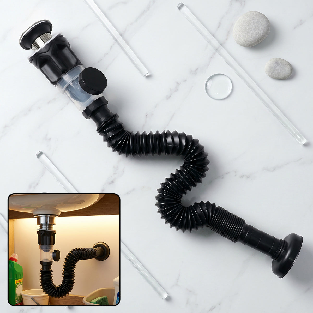 Flexible bathroom sink drain pipe with bottle trap and pop-up waste ensuring odour-free setup