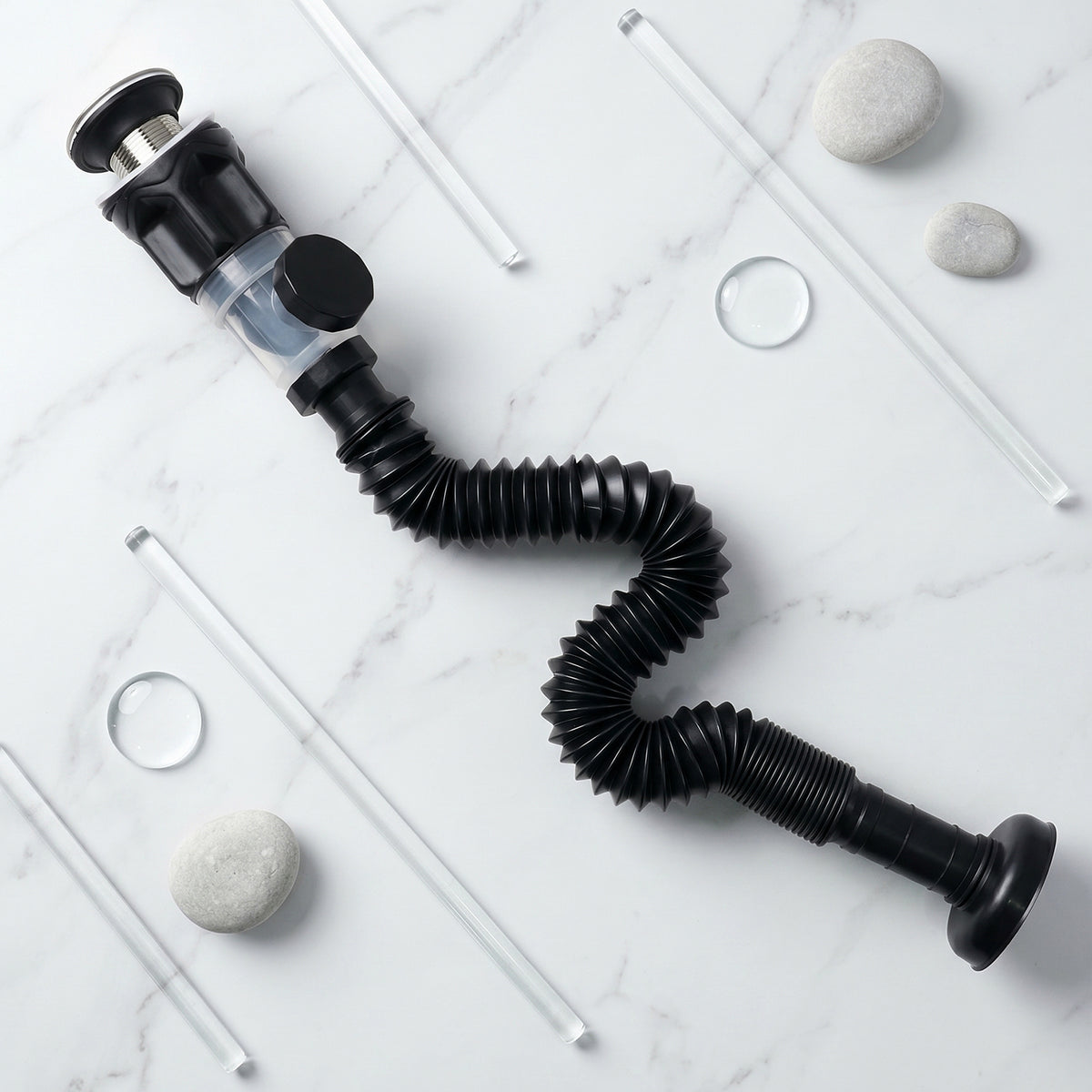 Close-up shot of flexible sink drain pipe being installed in bathroom