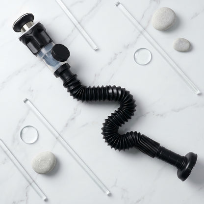 Close-up shot of flexible sink drain pipe being installed in bathroom