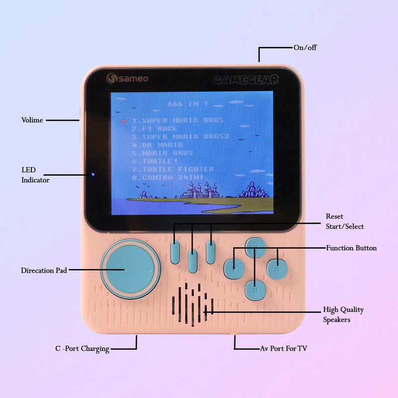 Sameo GameGear Retro Handheld Console with 666 Built-in Games – Portable Classic Gaming Device with Wide Screen and Easy Controls
