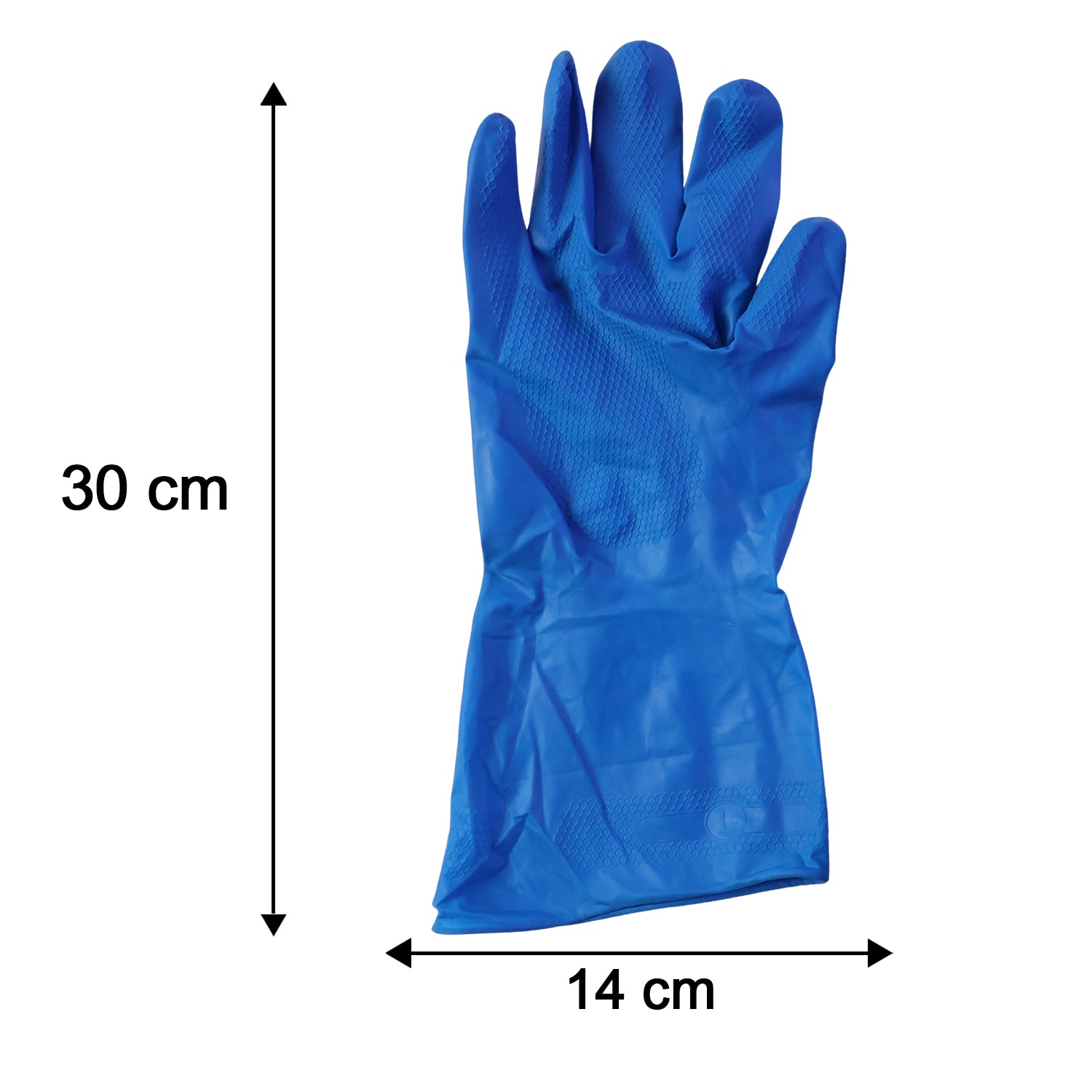 Blue gloves showing size dimensions