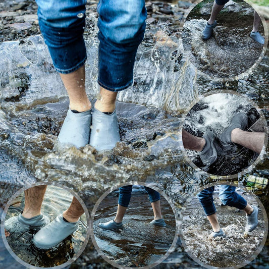 A collage of six circular images shows a person wearing gray silicone covers, walking and splashing through puddles.