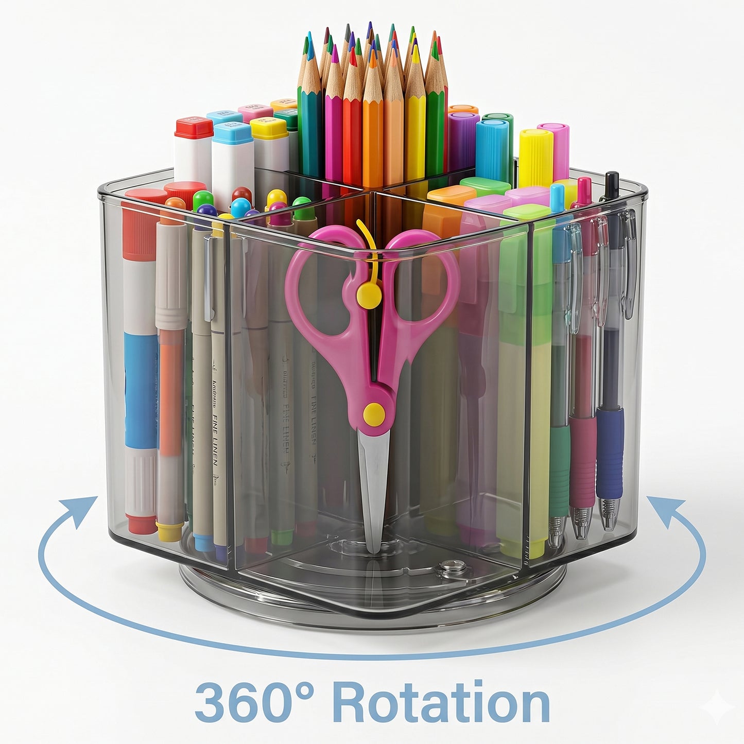 360 degree revolving pen holder showing compartments