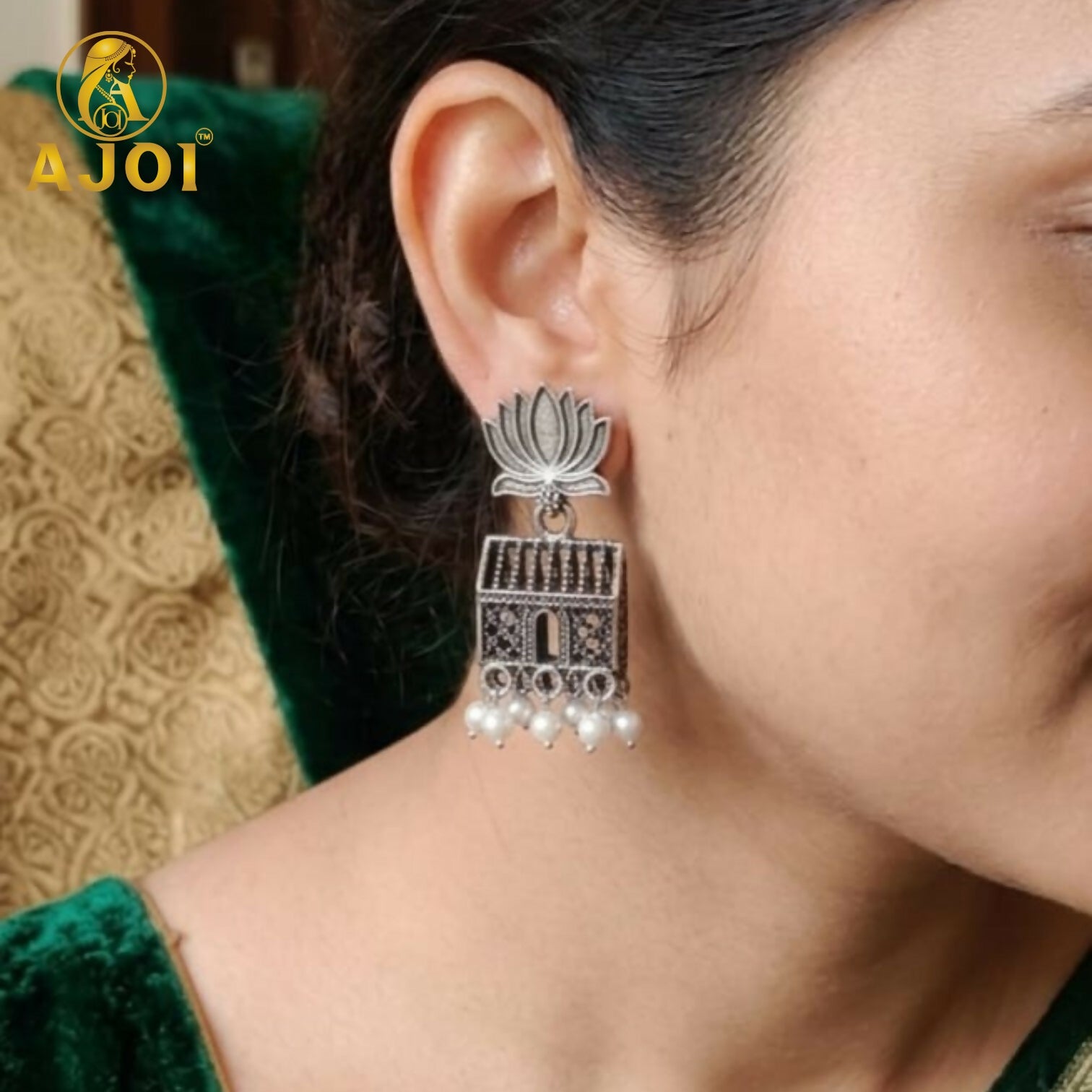 Oxidised Silver Lotus Pearl Drop Earrings – Elegant Handmade Pair