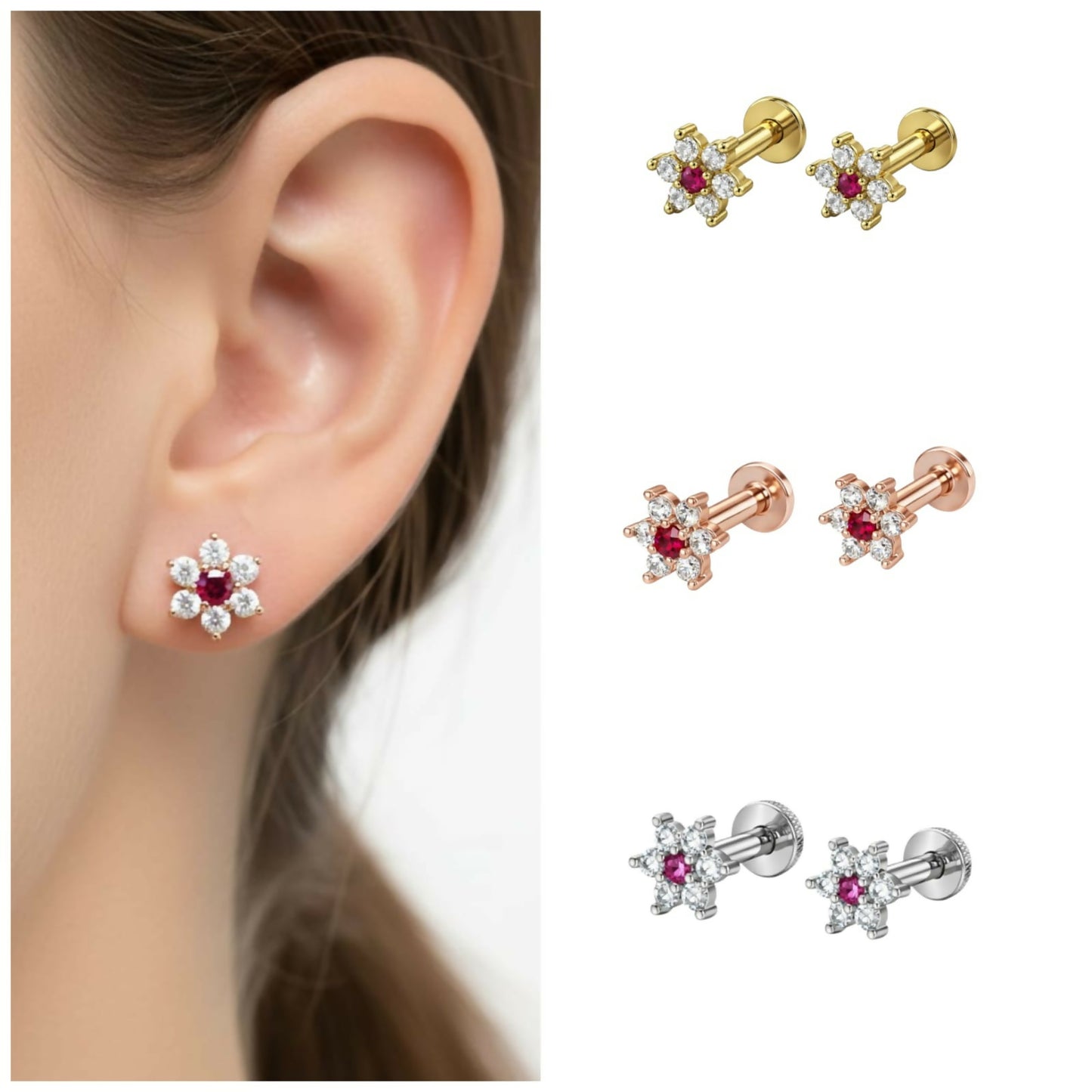 Rose gold plated flat back flower stud earrings with sparkling white and red crystals