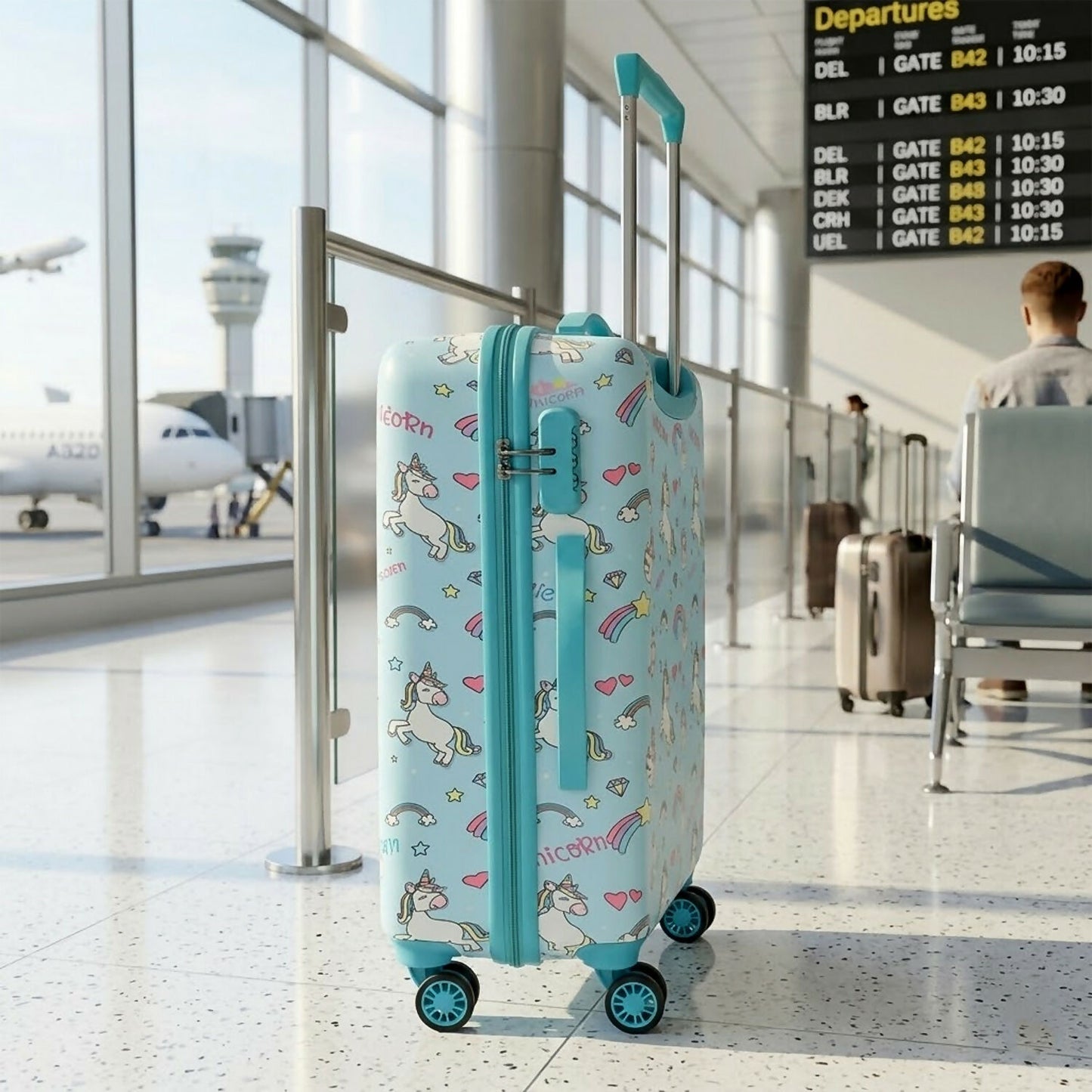 Interior of Novex Unicorn Blue Kids Trolley Bag with compartments
