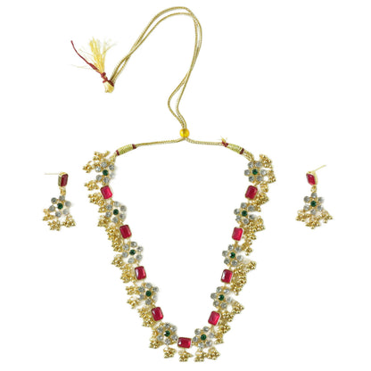 Side angle of gold necklace and earrings set