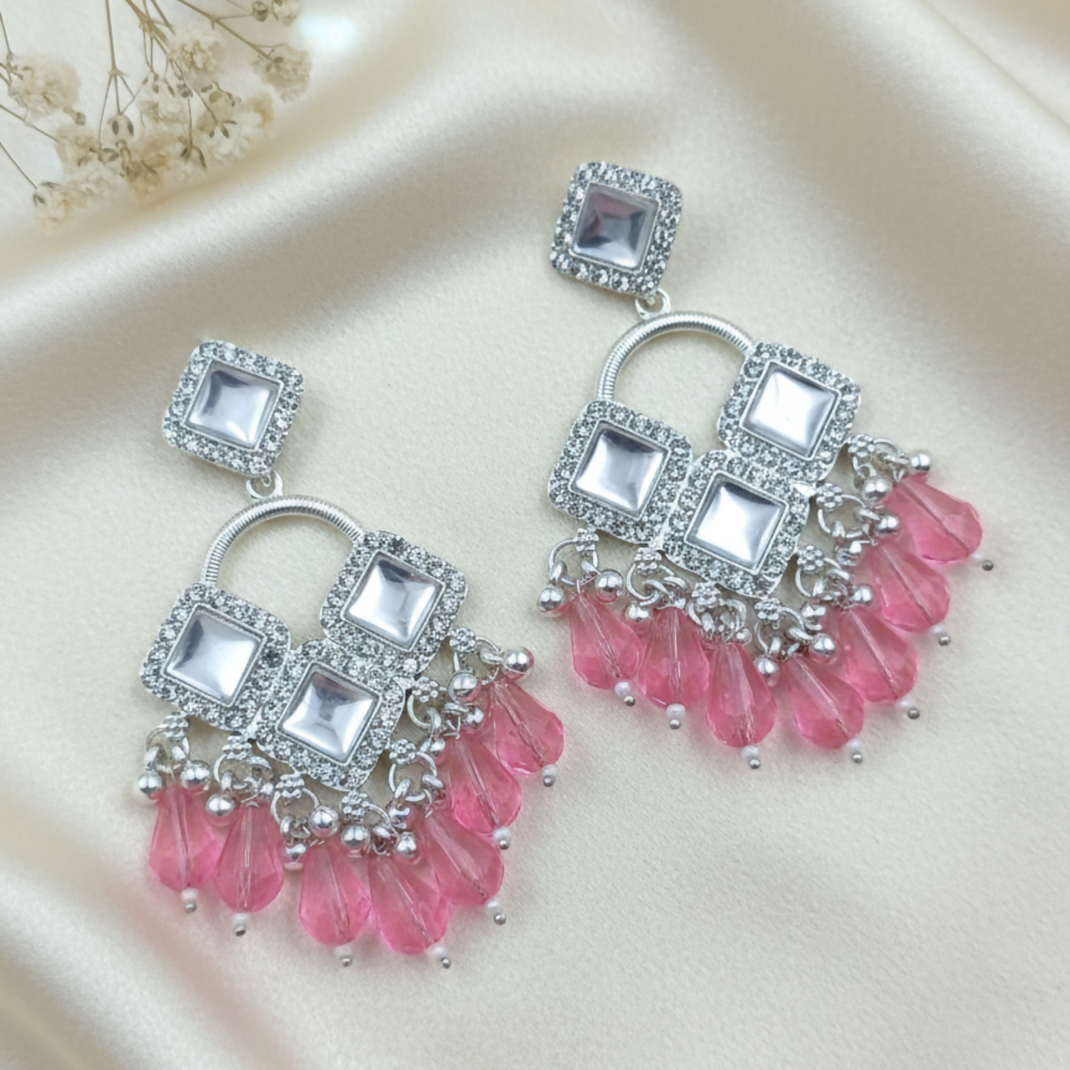Elegant Silver Plated Chandelier Earrings Featuring Square Crystals and Baby Pink Teardrop Beads