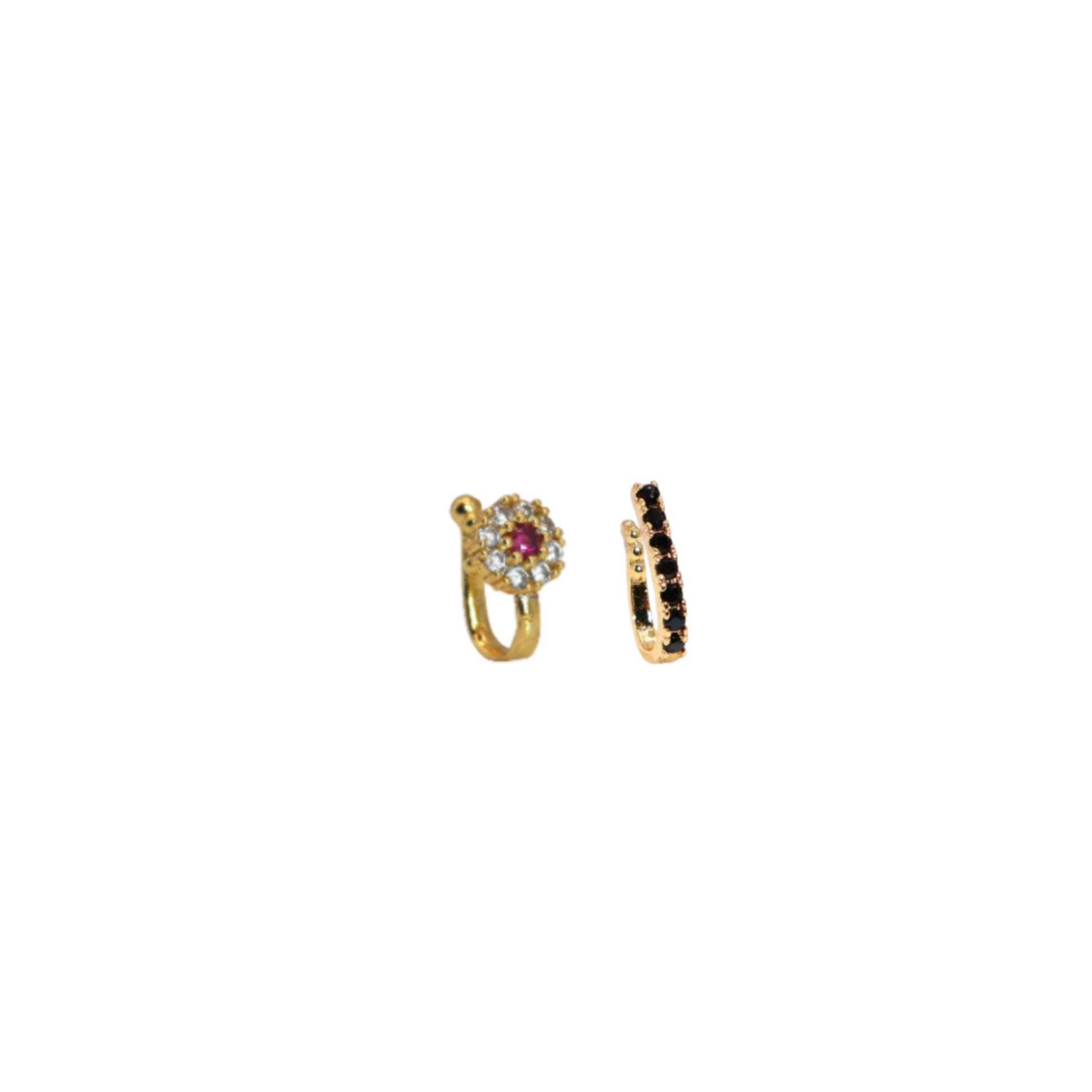 CZ Stone Clip-On Nose Ring Combo (Line & Flower) Combo Pack of 2