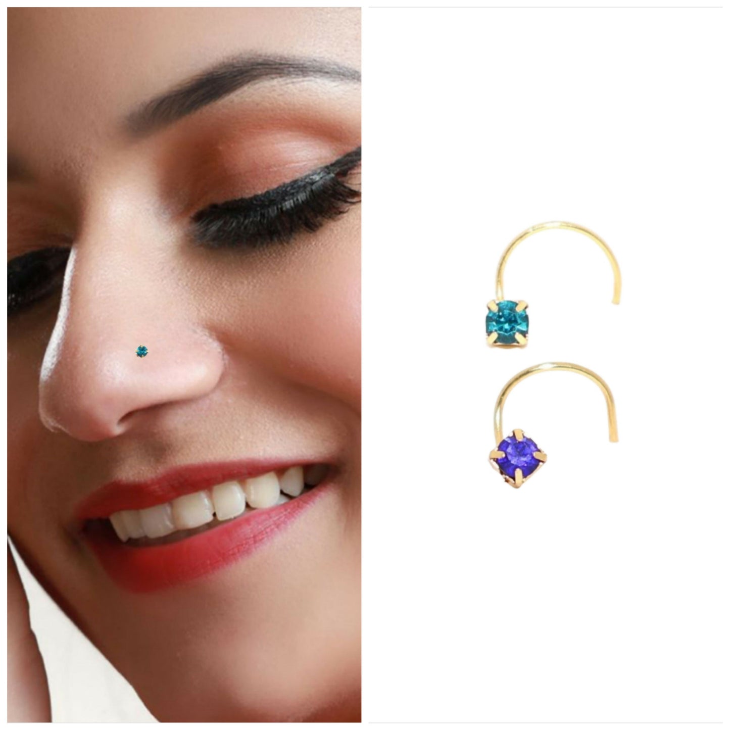 Close-up of gold plated nosepin featuring teal square crystal