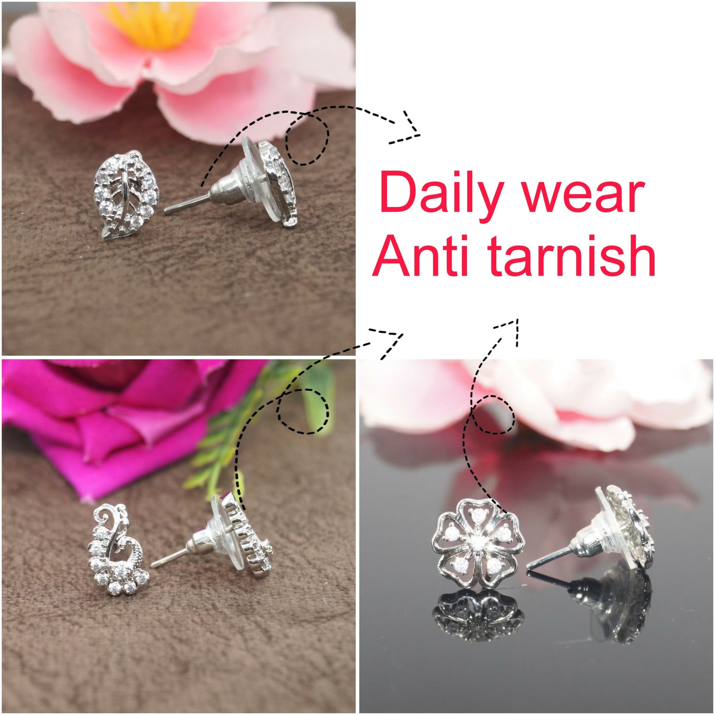Intricate diamond-style peacock scroll stud earrings with CZ stones