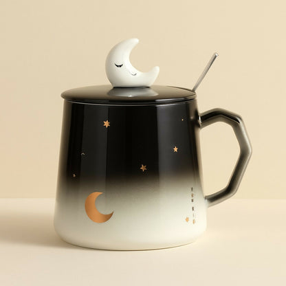 Moon Theme Ceramic Mug with Lid & Spoon for Tea, Coffee & Gifting (Black–White)