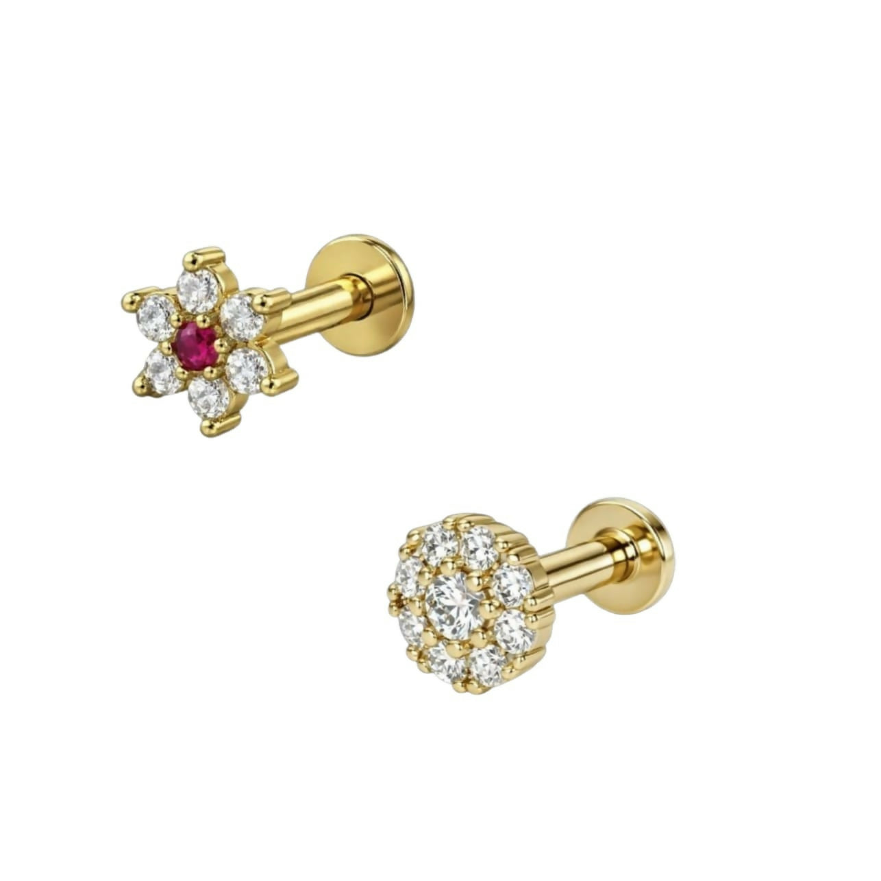 Flat-back labret post of the gold plated flower cluster nosepin stud for secure wear