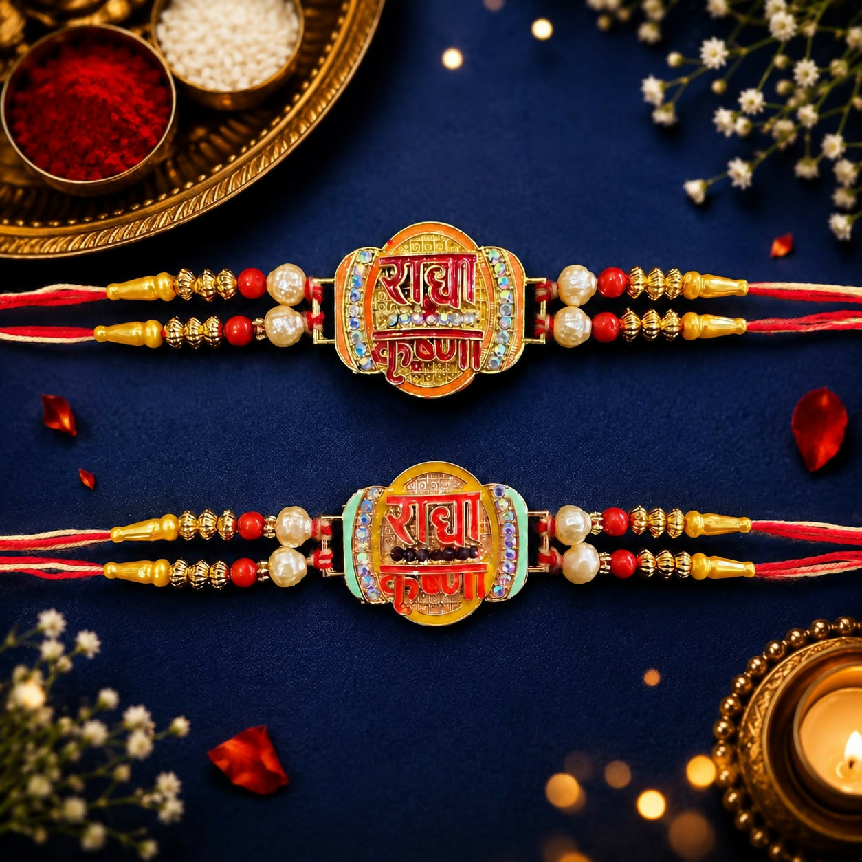 Two identical Rakhi bracelets, each featuring a central gold-colored oval with Hindi script, flanked by pearls and red