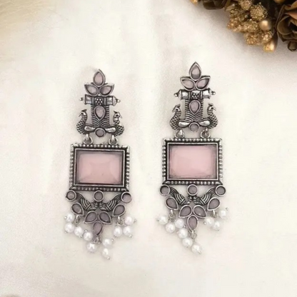 Traditional Oxidized Silver Pink Stone Pearl Drop Earrings