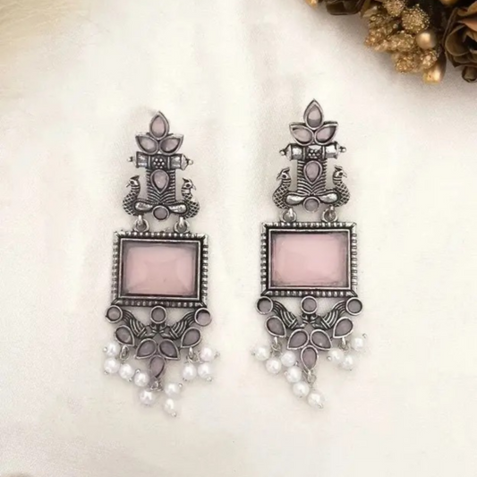 Traditional Oxidized Silver Pink Stone Pearl Drop Earrings