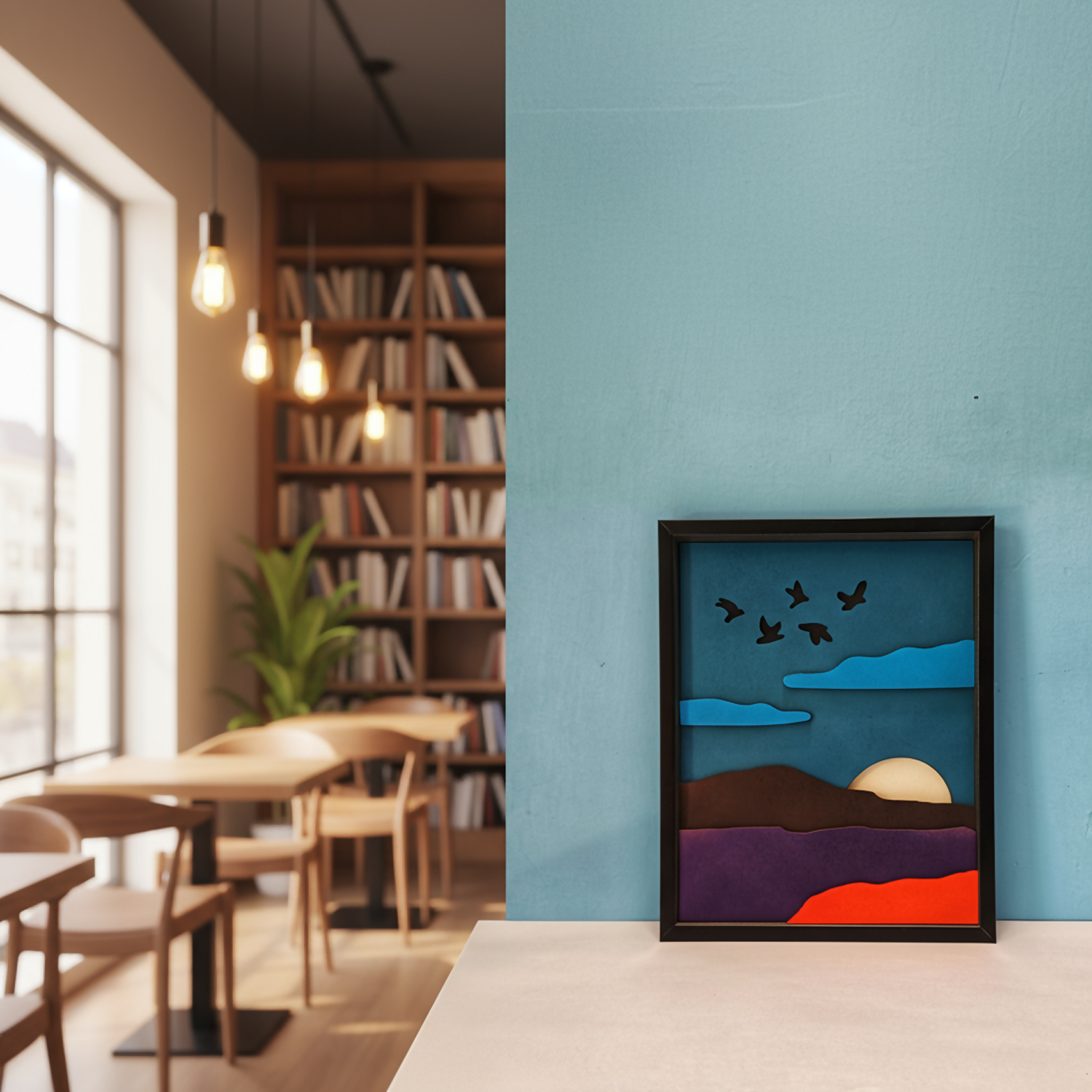 Handcrafted Wooden Mountain Wall Art – Nature Scene with Sun, Clouds & Birds | Minimal Landscape Wooden Frame | Eco-Friendly Wall Decor for Home & Office