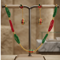 Red & Green Beaded Necklace with Matching Drop Earrings Jewellery Set for Women