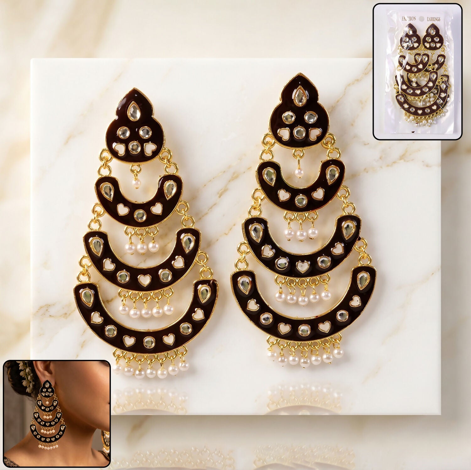 Heavy Maroon Layered Chandbali Earrings with Pearl Drops