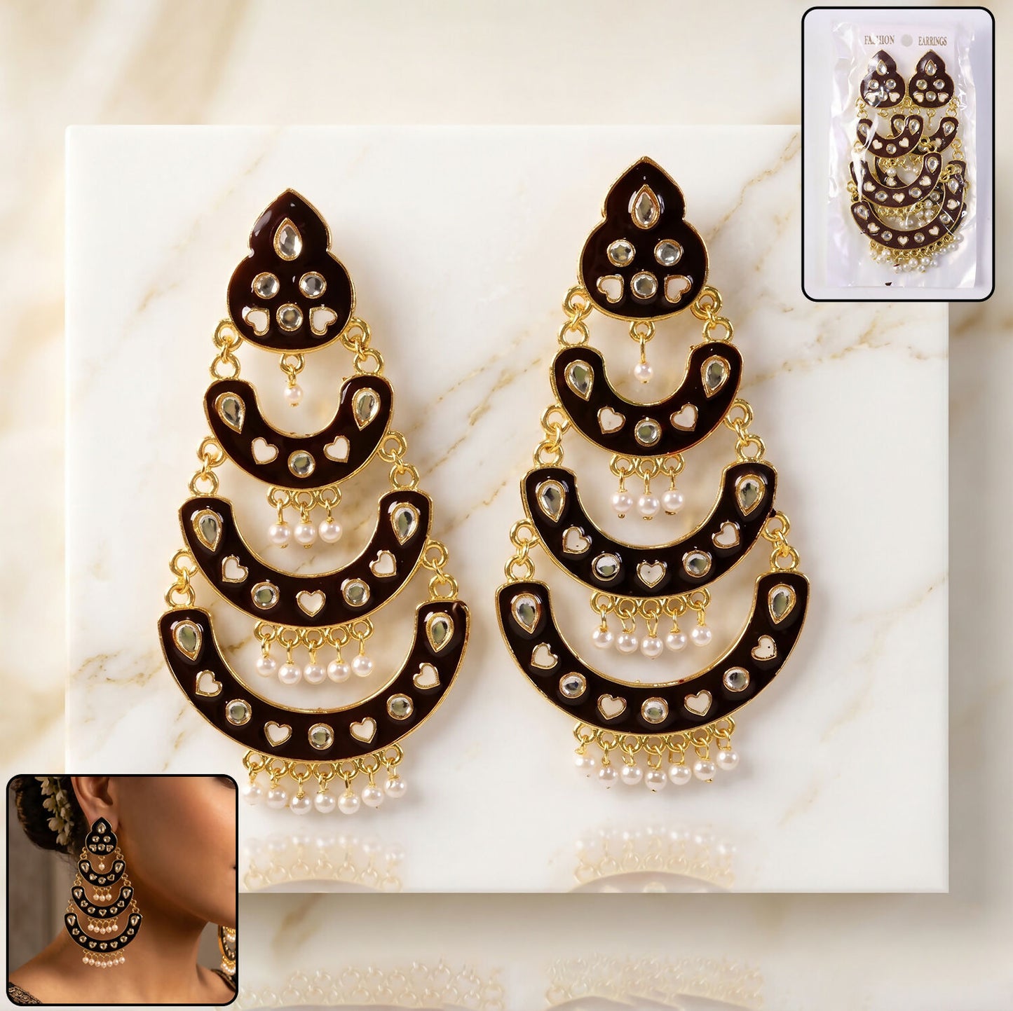 Heavy Maroon layered chandbali earrings with pearl drops - Front view