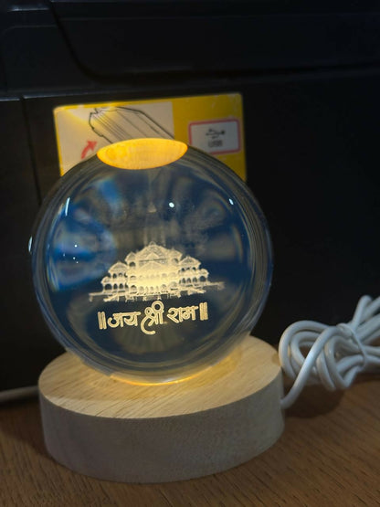 Ayodhya Ram Mandir 3D Crystal Ball LED Lamp with Wooden Base – Divine Spiritual Light for Home, Temple & Office Décor – Laser Engraved Lord Ram Temple Night Lamp with Warm LED Glow – Perfect Religious Gift Item