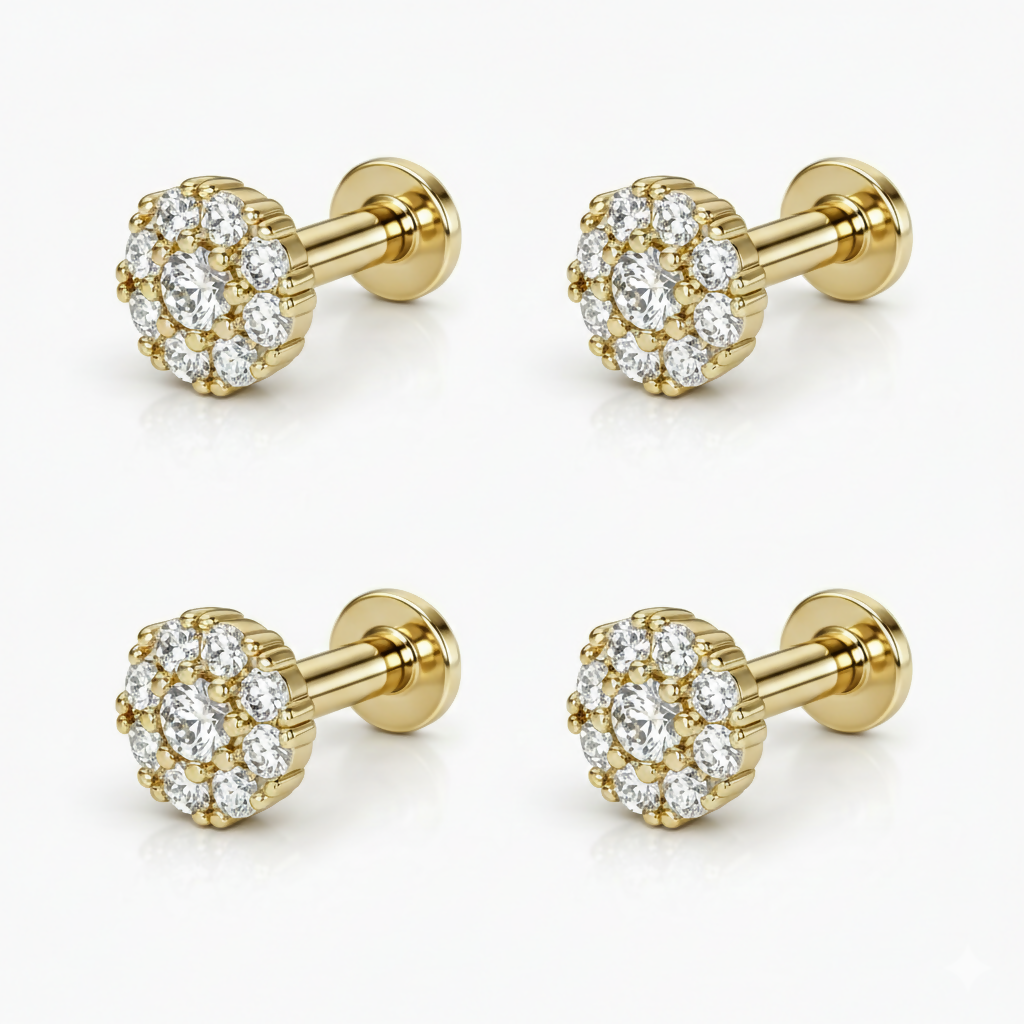 Single gold plated floral diamond cluster nose stud displaying sparkling stones