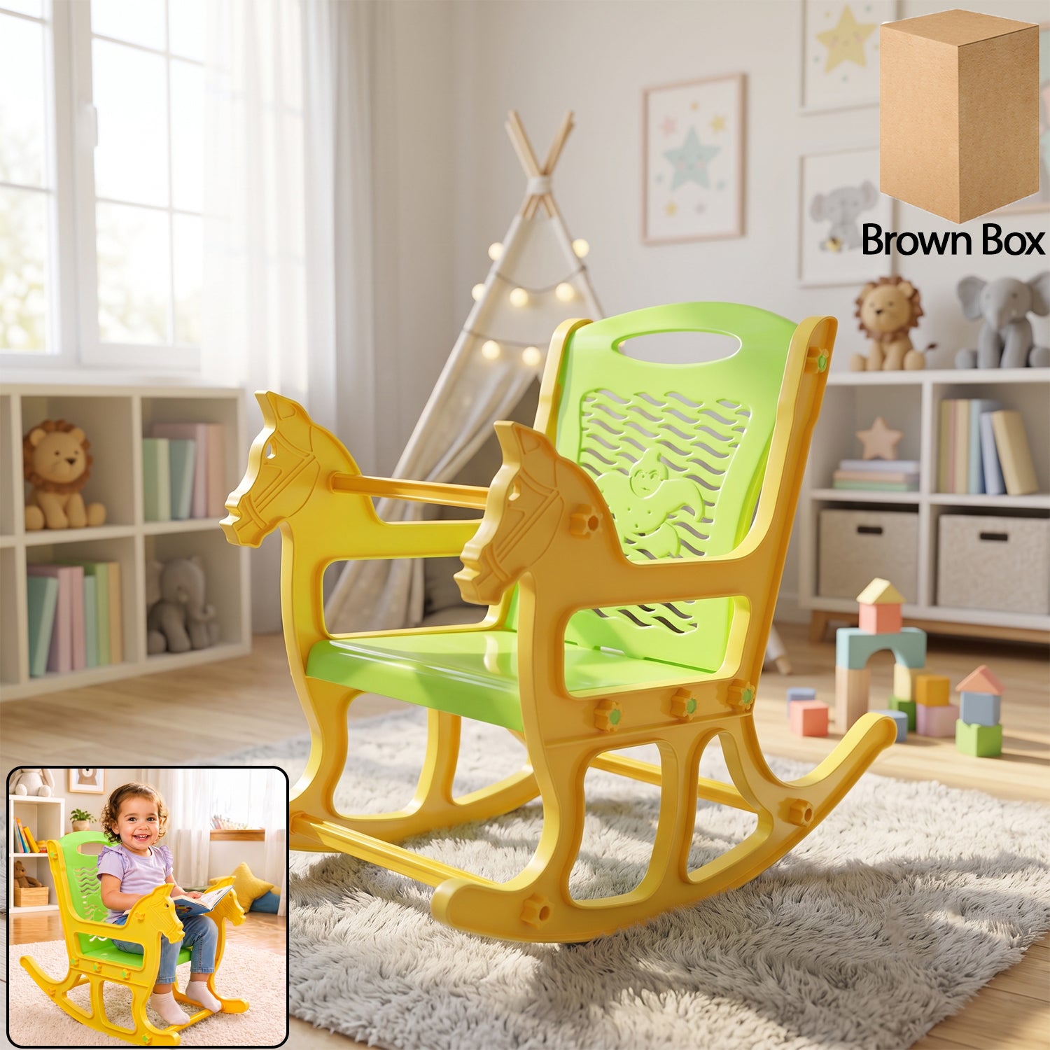 Kids Plastic Horse Rocking Chair, Baby Rocker Seat with Backrest (1 Pc)