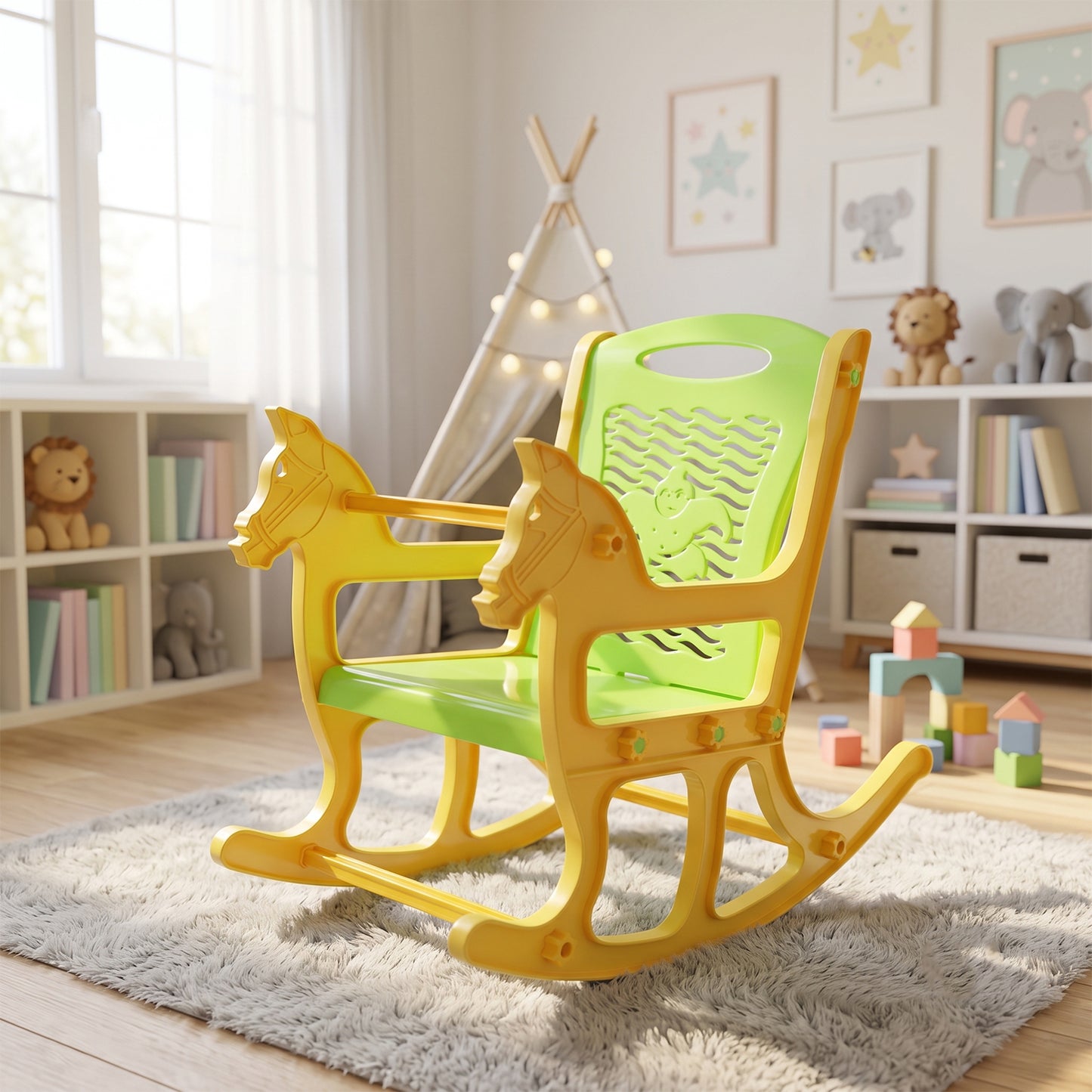 Kids Plastic Horse Rocking Chair, Baby Rocker Seat with Backrest (1 Pc)