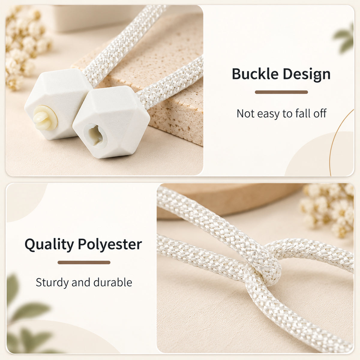 Close-up of the white geometric plastic buckle design and the braided polyester rope of the tieback.