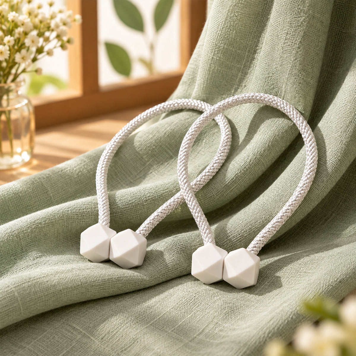 Two white braided rope curtain tiebacks with geometric white plastic fasteners resting on a light green textured fabric.