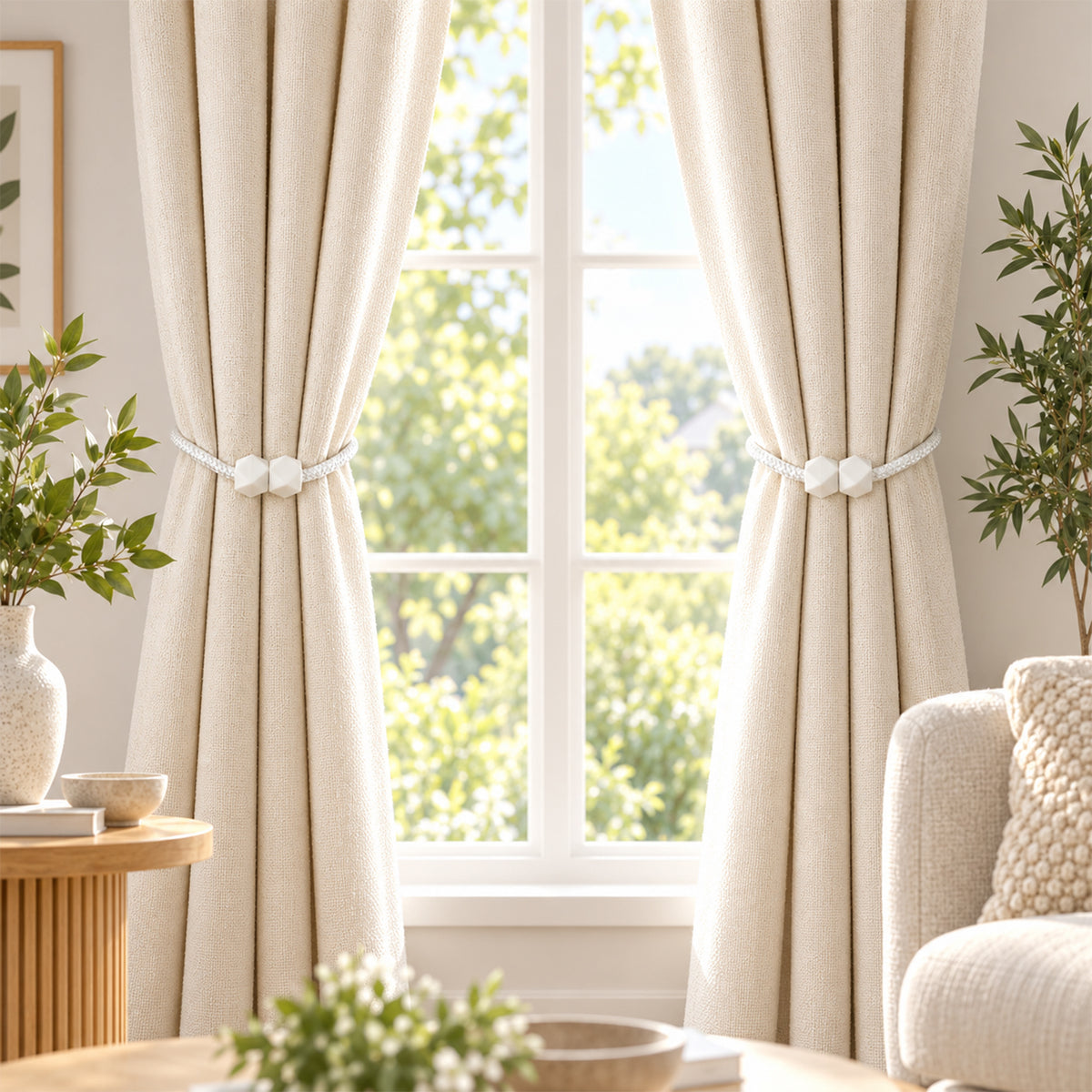 Two beige curtains held back by white braided rope tiebacks with geometric white plastic fasteners, framing a window.
