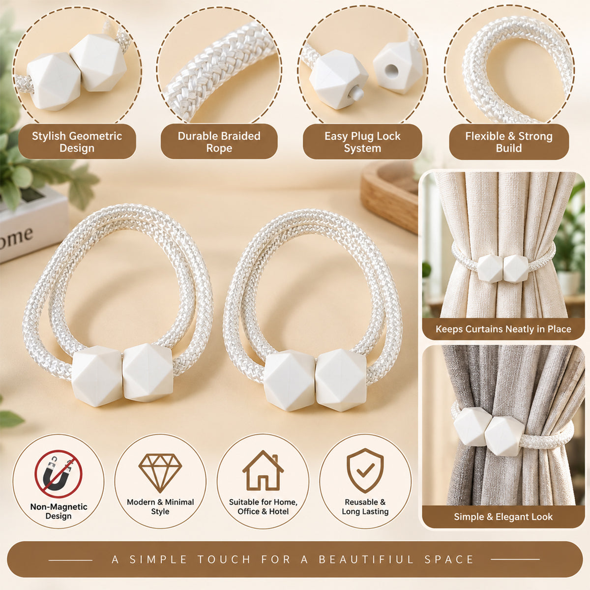 Infographic displaying features and benefits of the white braided rope curtain tiebacks with geometric white plastic