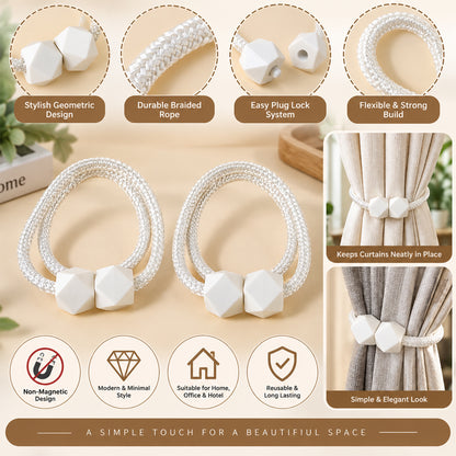 Infographic displaying features and benefits of the white braided rope curtain tiebacks with geometric white plastic