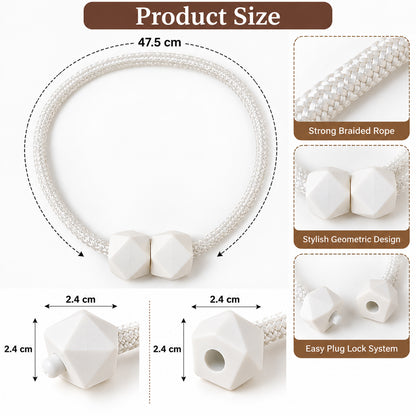 Diagram of a white braided rope curtain tieback with geometric white plastic fasteners, showing its dimensions and features.