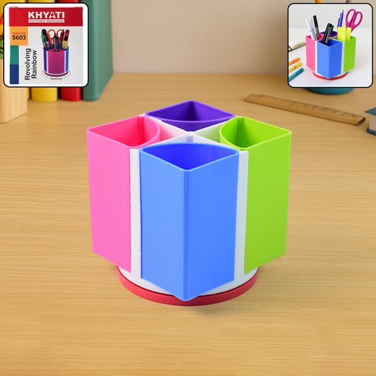 Khyati Revolving Rainbow Pen Stand – Multi-Color Rotating Desk Organizer with 4 Compartments
