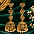 Gold Tone Heart Design Jhumka Earrings for Women & Girls | Crystal Stone Studded Long Earrings with Pearl Drops