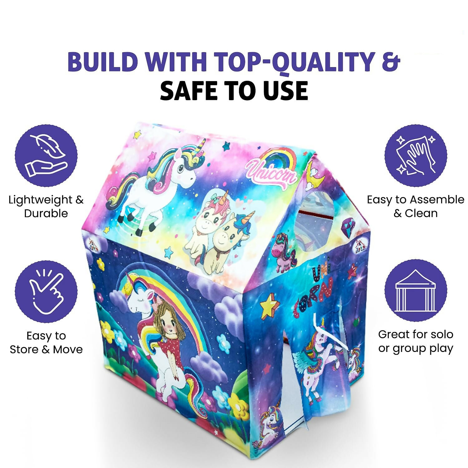 Unicorn Theme Foldable Kids Play Tent House with Colorful Fantasy Print for Indoor & Outdoor Play