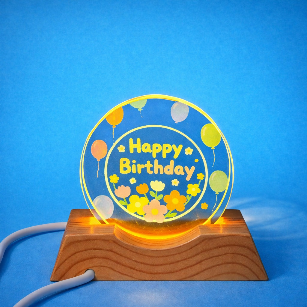 Happy Birthday Acrylic LED Lamp with Wooden Base Balloon Floral Design