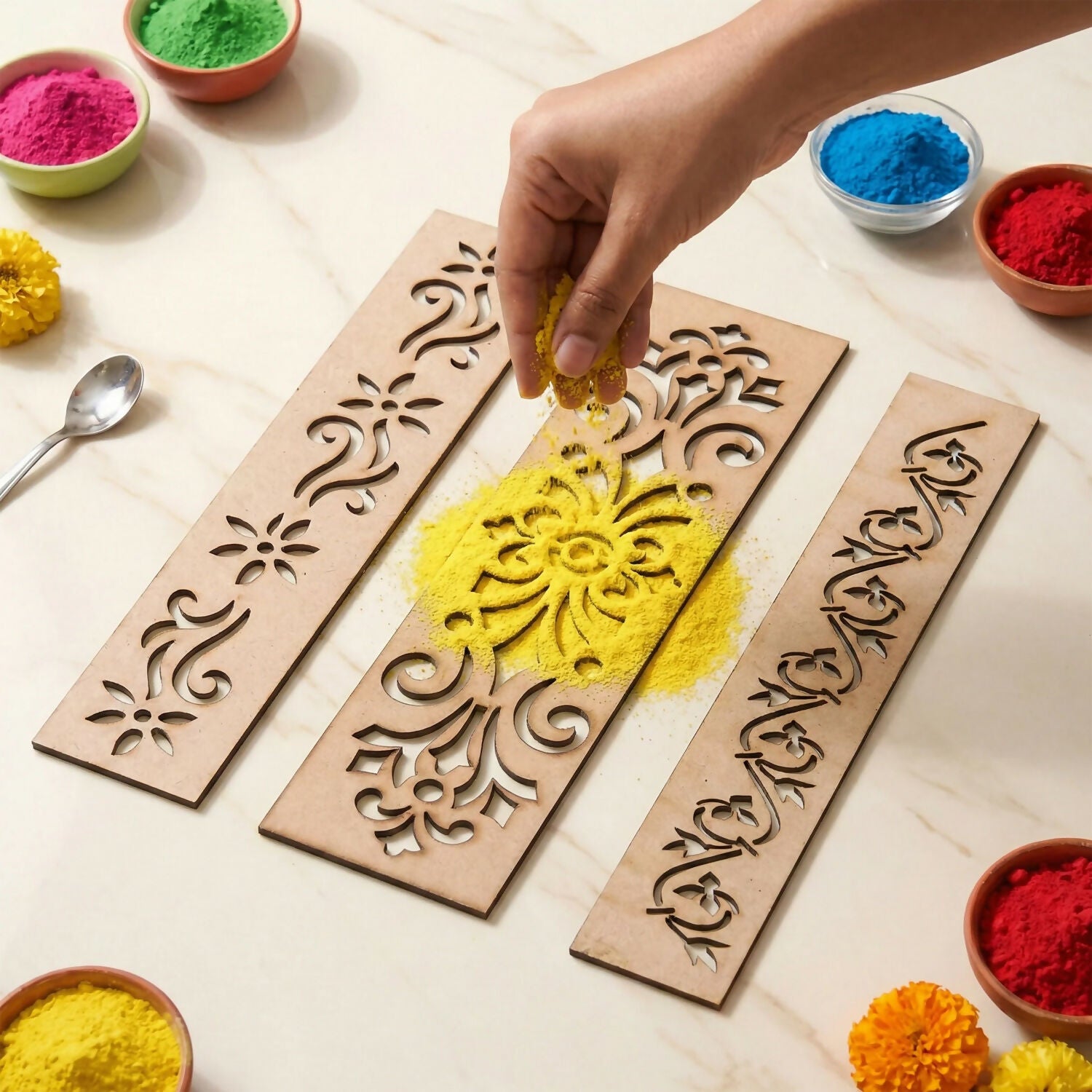 Wooden Rangoli Border Stencil Set of 5 – Reusable MDF Designs