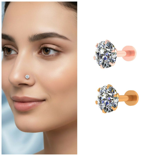 Gold & rose plated AD Nosepin Stud Flat Back Piercing for women and girls Combo Pack of 2