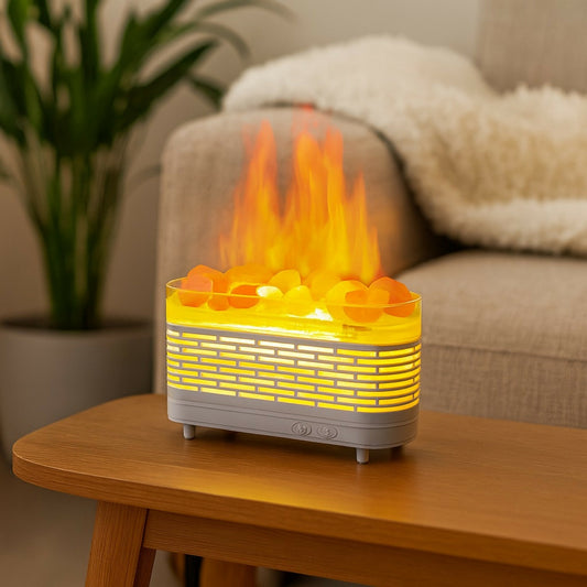 LED Flame Effect Himalayan Salt Rock Lamp | Ambient Light & Aroma Diffuser