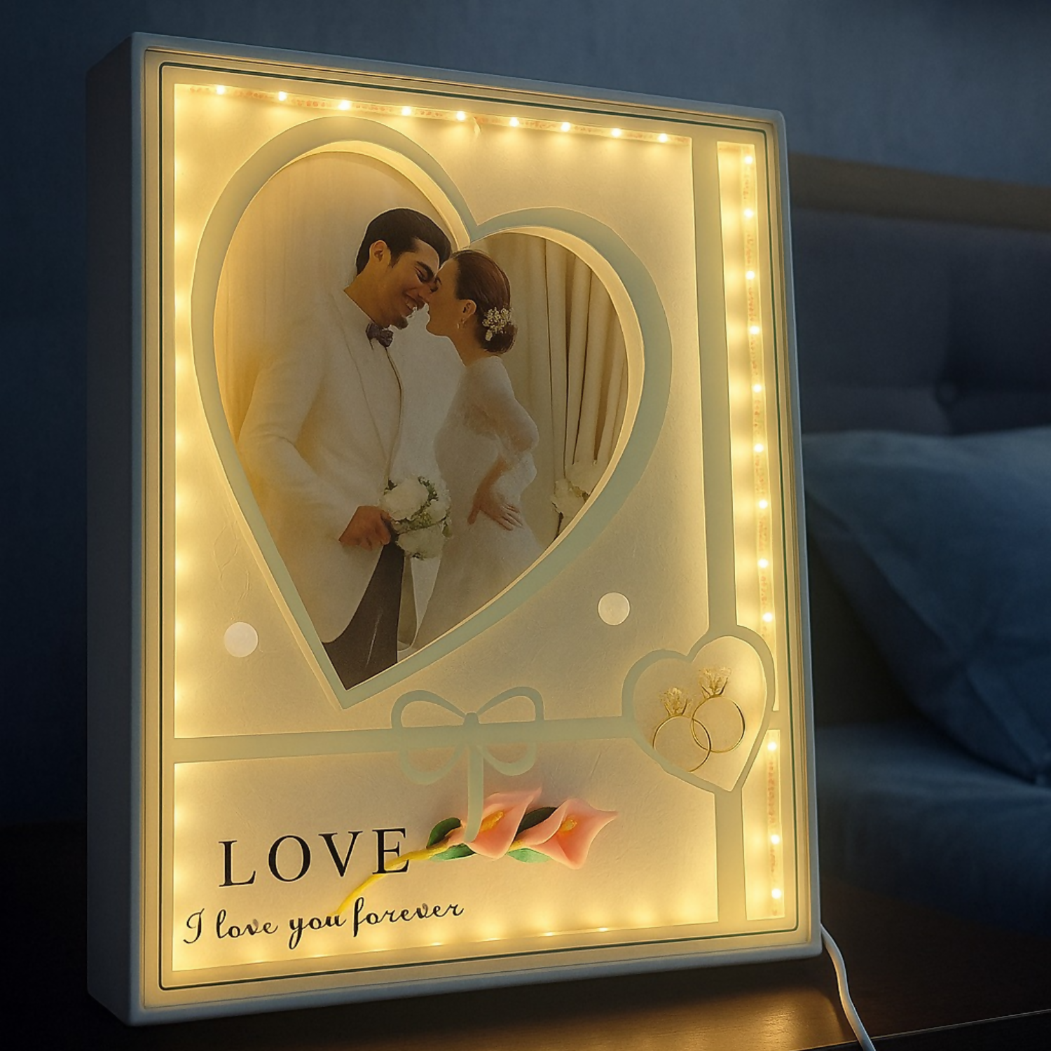 Romantic Heart-Shape LED Photo Frame for Couples | Warm Light Illuminated Wedding & Anniversary Picture Frame with Ring Motif and Floral Design | USB Powered Tabletop Love Night Lamp for Bedroom & Home Decor