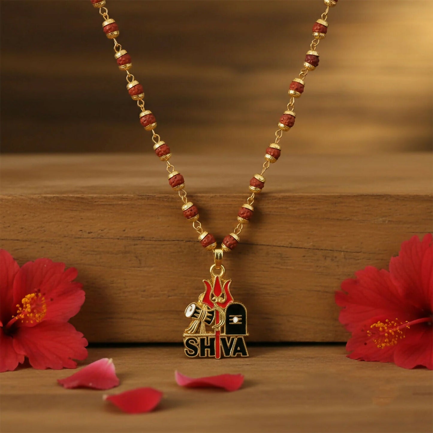 Shiva Trishul Gold Plated Pendant Chain & Rudraksha Mala