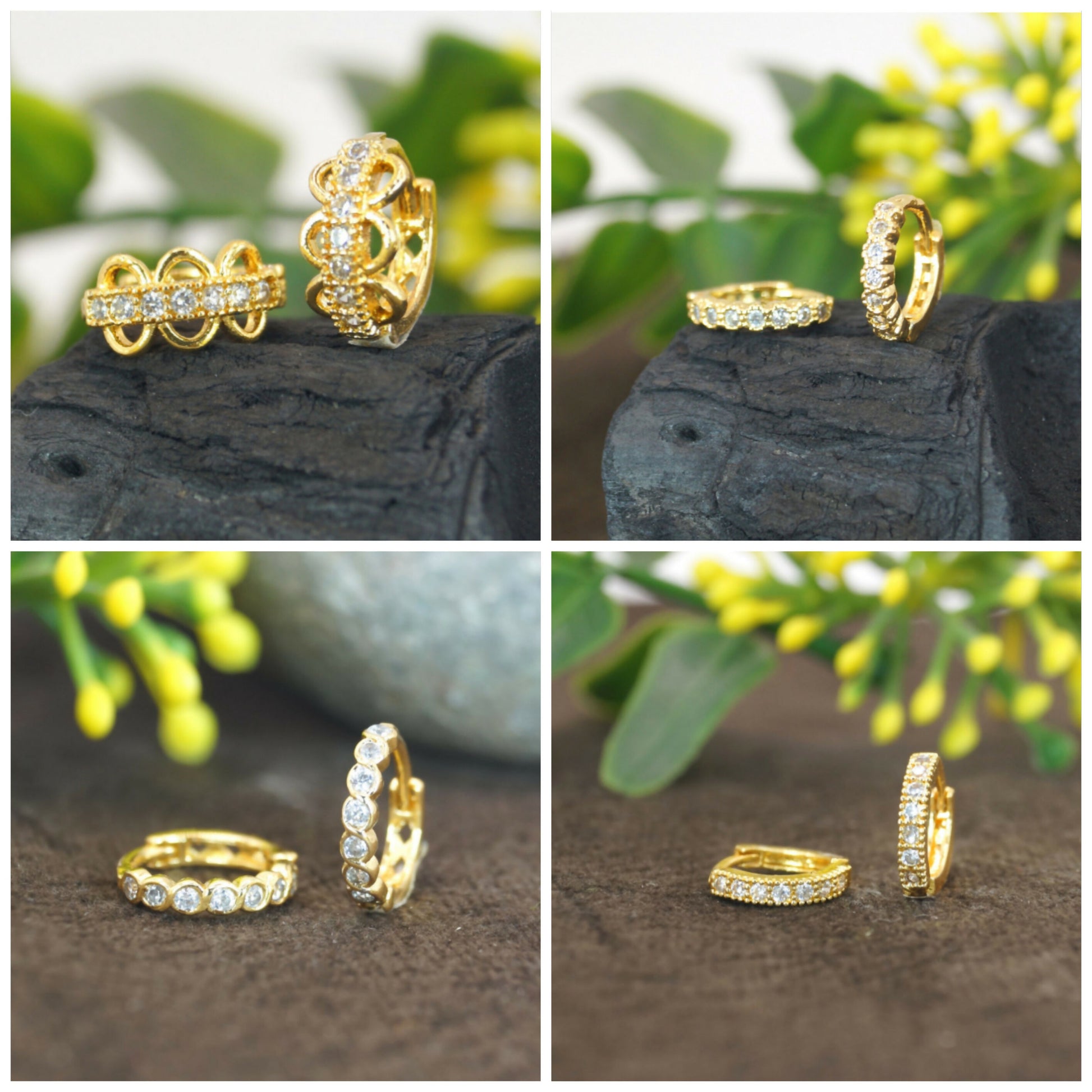 Gold plated huggie hoop earrings with sparkling zircon stones set in pave style.