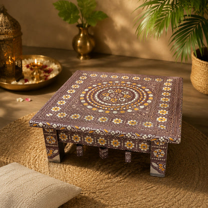Side profile of the sturdy and elegant Rajwadi Pooja Chowki.