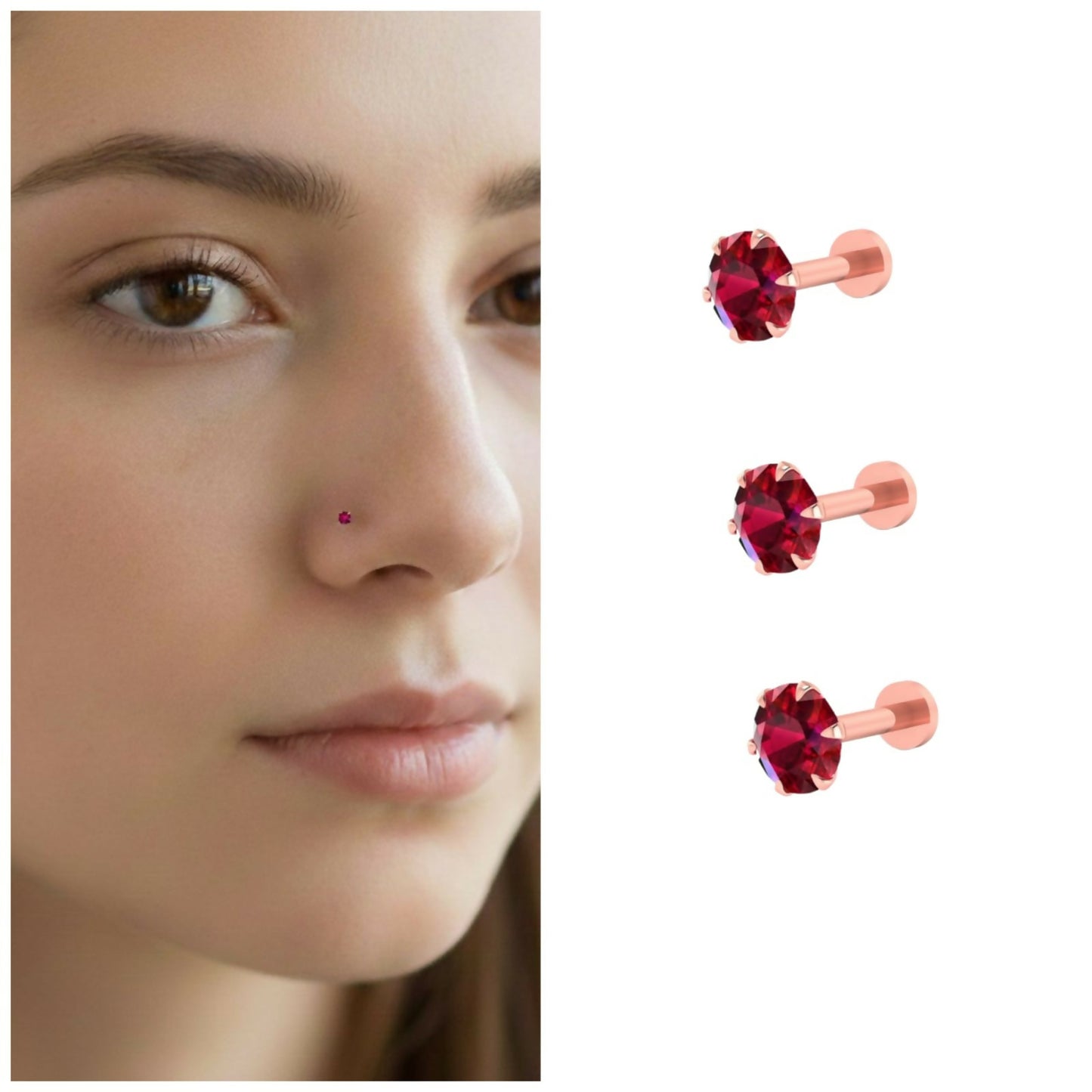 Close-up of rose gold nosepin stud featuring sparkling red crystal