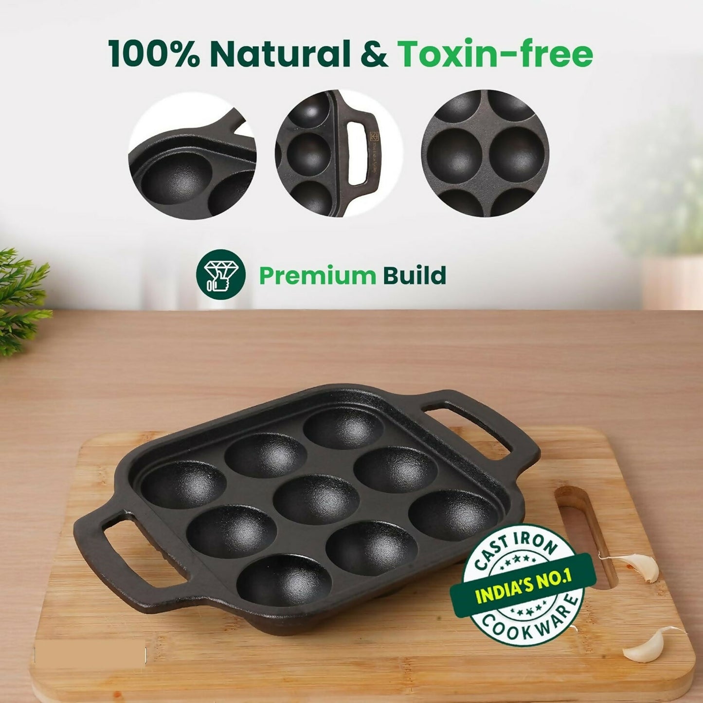 Side view of cast iron paniyaram pan with handles
