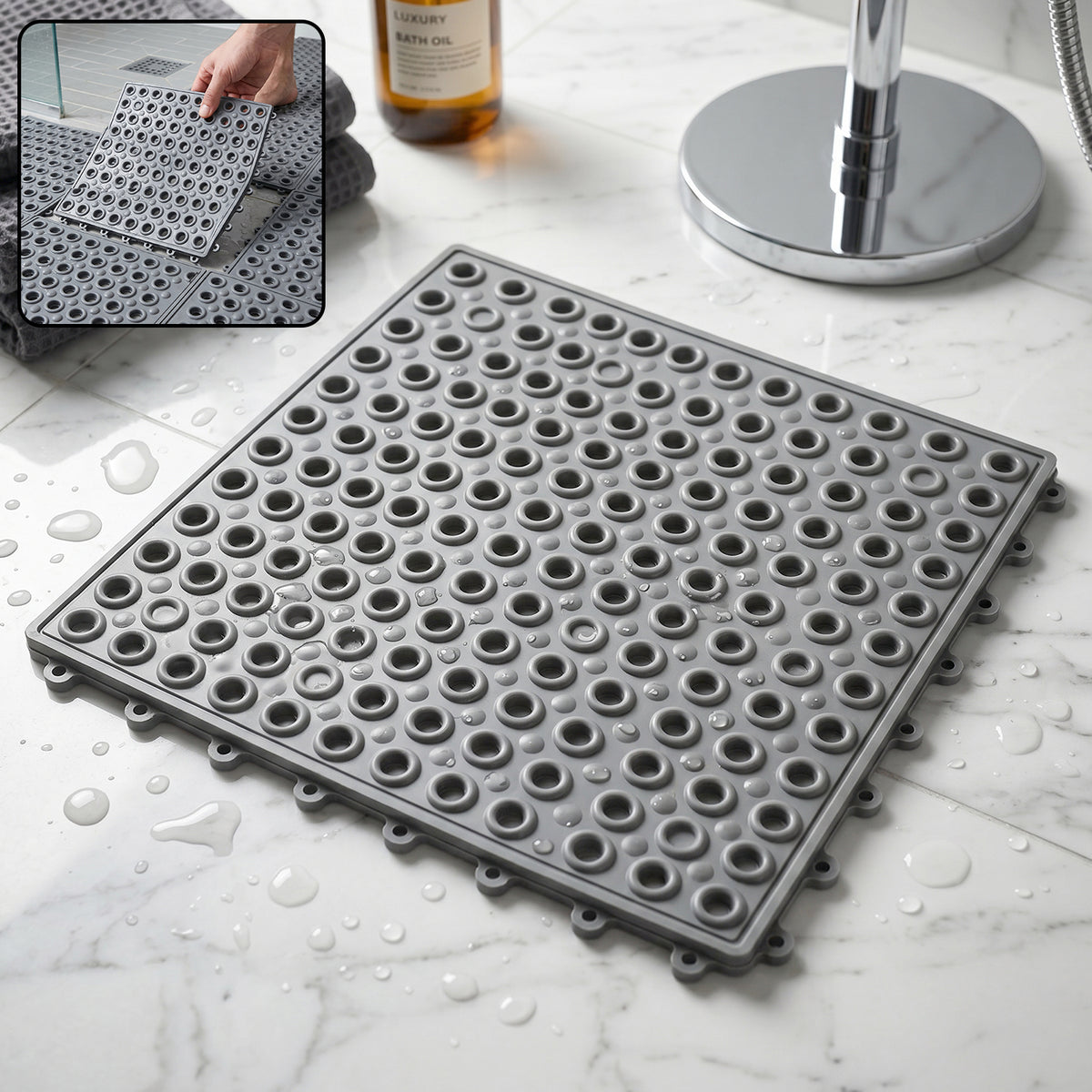 Black bathroom anti skidding mat with textured surface and drainage holes