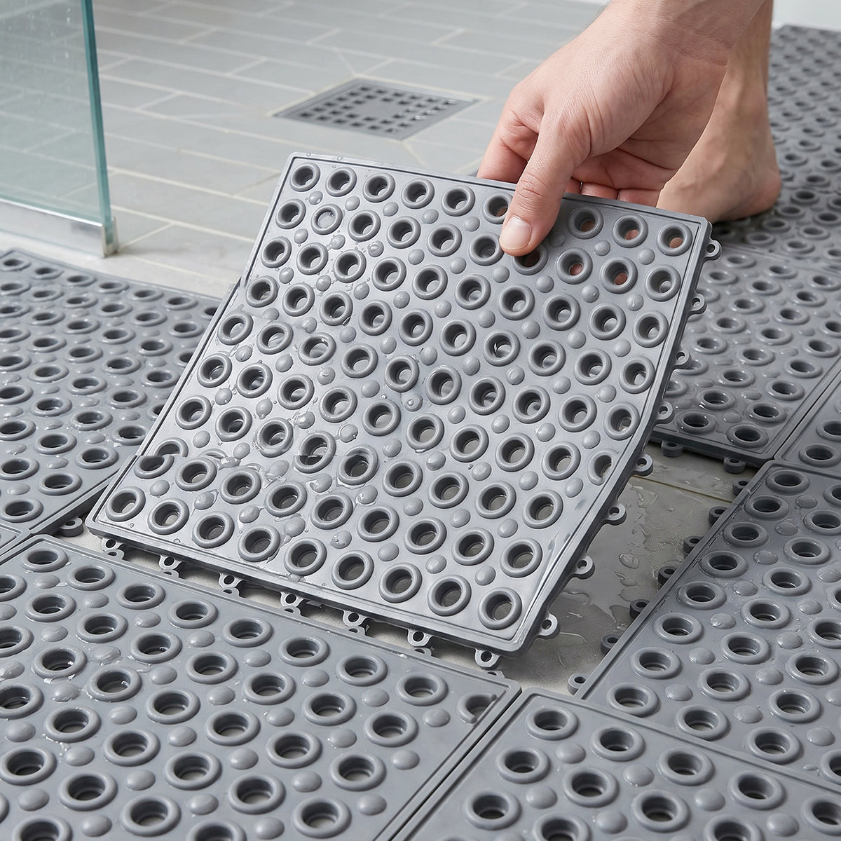 Interlocking bathroom safety mats in black for wet areas