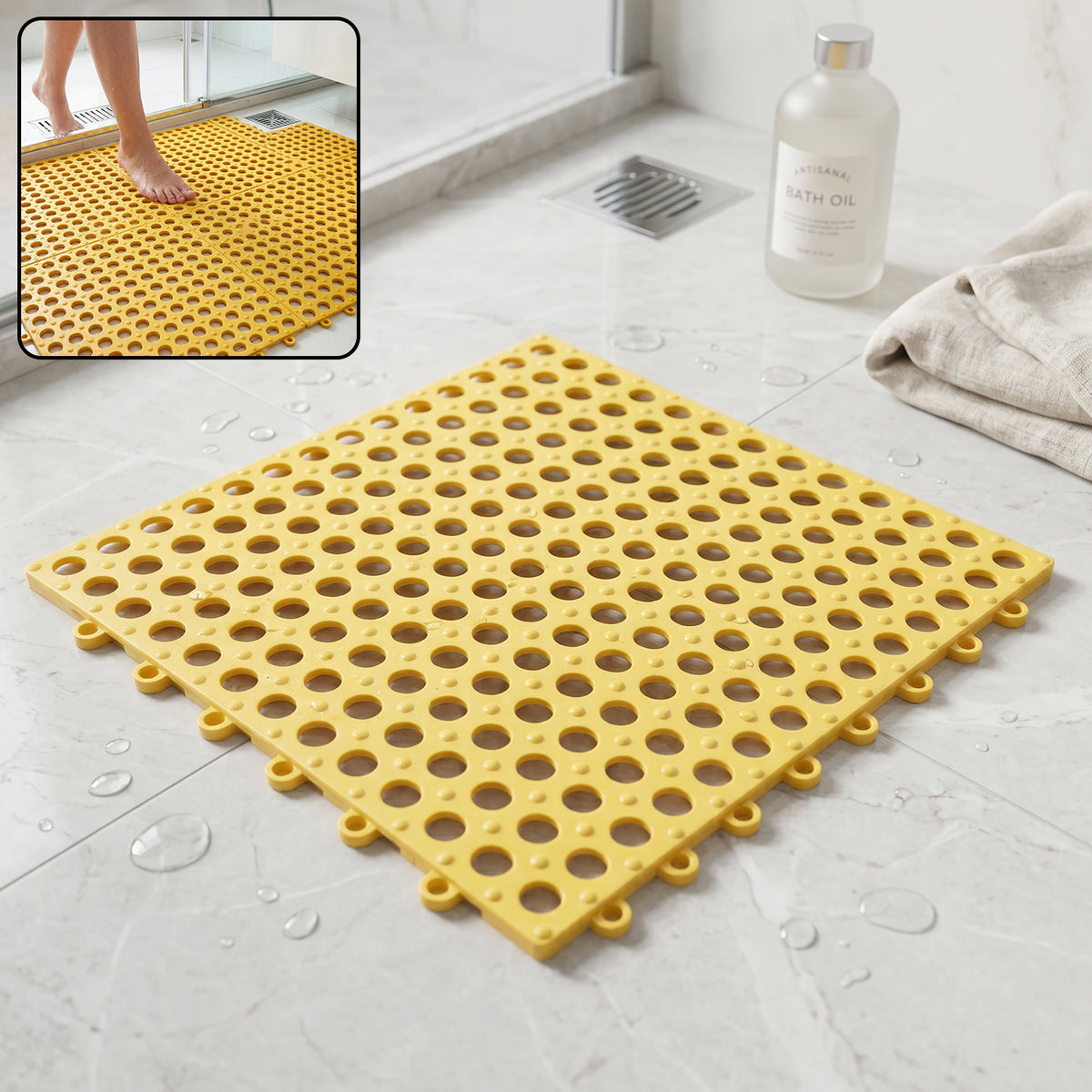 Yellow non-slip shower floor mat with drainage holes for safety in wet areas
